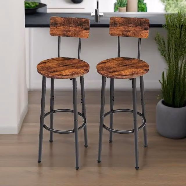 Rafaelo Mobilia Set of 2 Industrial Bar Stools with Backrest in Brown and Black – 1