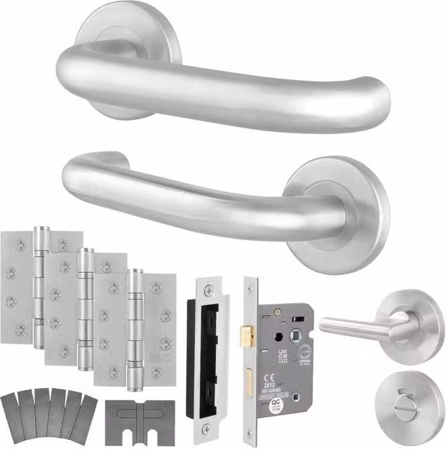 AFIT Satin Stainless Steel Fire Rated Return to Door Handles with Bath Lock and 64mm Hinges in Silver, W x H: 150 x 150 mm – 1