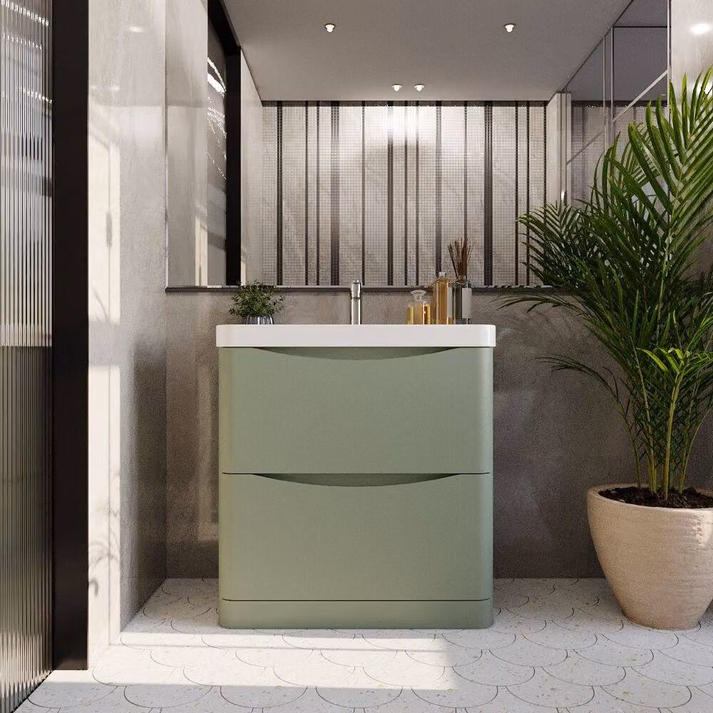 Balterley Modern Floor Standing 2 Drawer Bathroom Vanity with Ceramic Basin, Green, Width: 80 cm – 2