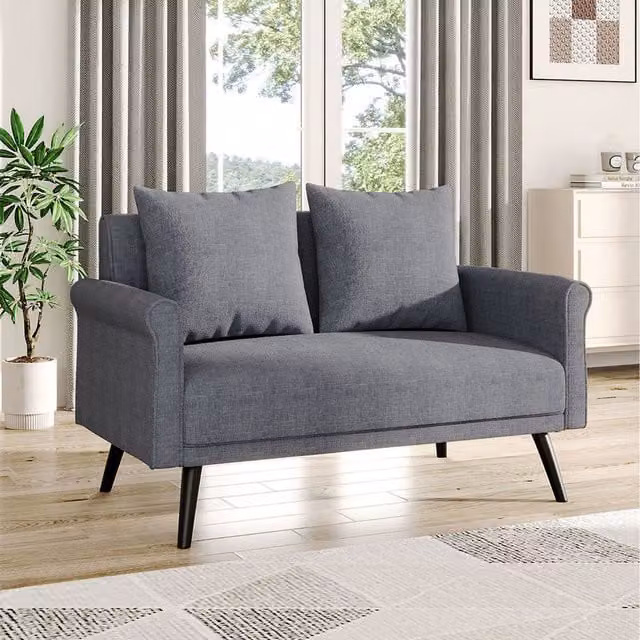 Komore Modern Upholstered Two-Seater Fabric Sofa in Grey with Two Scatter Cushions