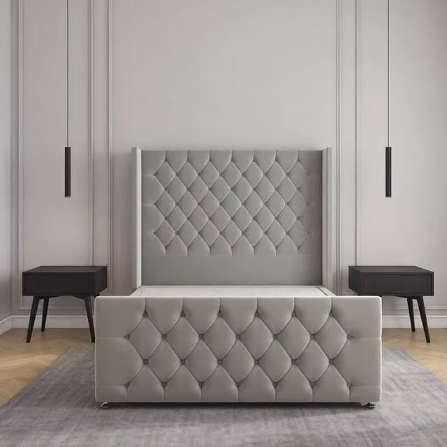 Regional Furnishings Plush Velvet Divan Bed Set in Silver, Small Double, W/D/H: 120 x 200 x 137.16 cm
