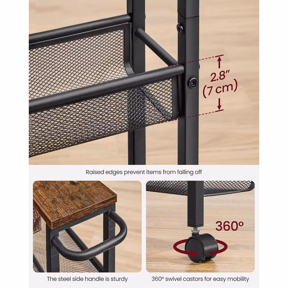 KORVIXA 5-Shelf Metal Kitchen Trolley with Castors in Matt Black, Height: 100 cm – 3