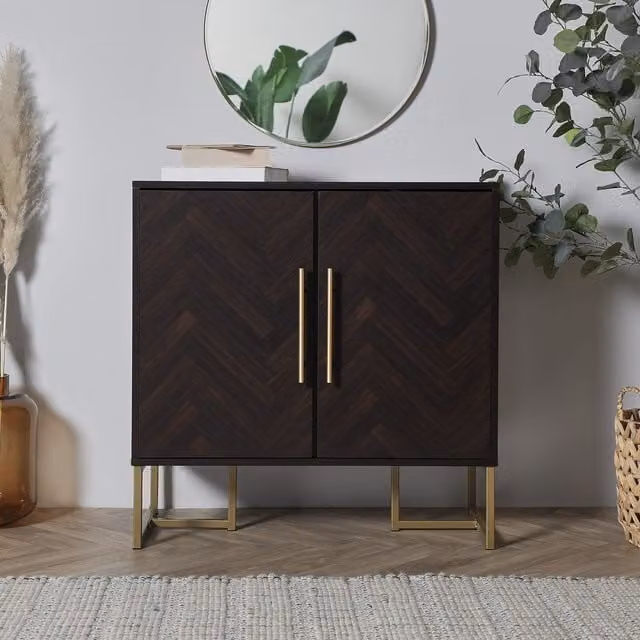 Spinningfield York Chevron Parquet Design 2 Door Sideboard Unit in Dark Brown with Gold Details W/D/H: 80 x 39 x 80 cm