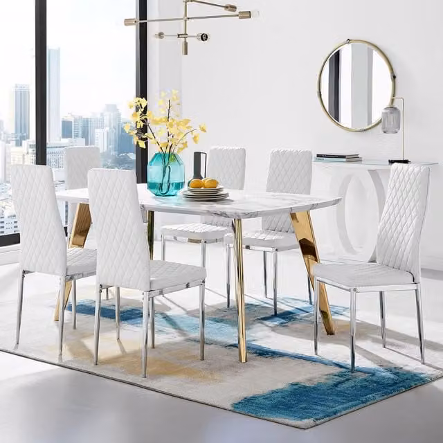 FurnitureboxUK Andria White Marble Effect Rectangular Dining Table with 6 Milan Chairs and Gold Legs