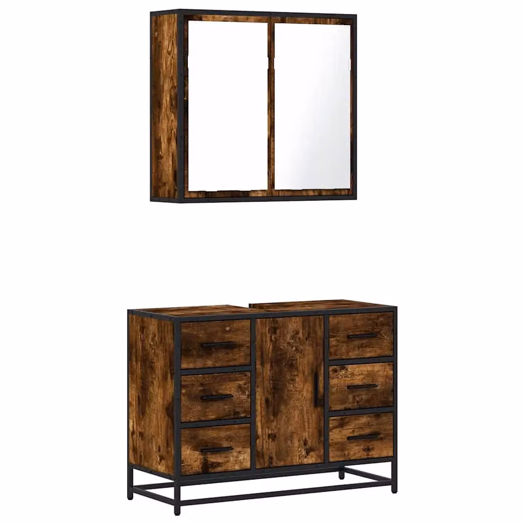 Berkfield Home 2 Piece Industrial Bathroom Furniture Set with Vanity Unit and Mirror Cabinet in Smoked Oak Brown – 2