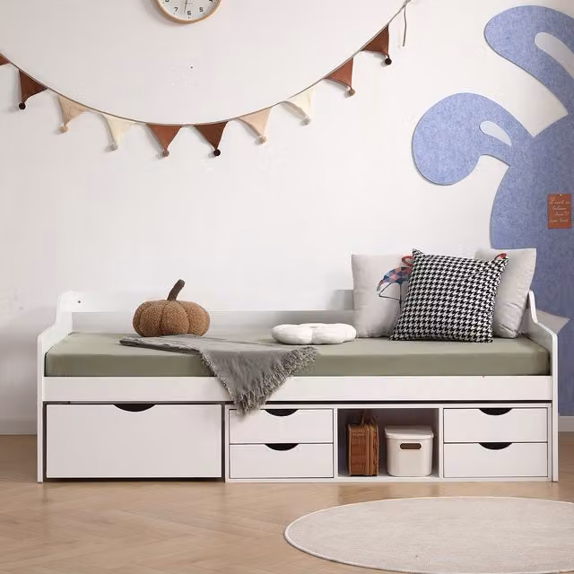 RELAXBy AMANI White Minimalist Childrens Day Bed with Underbed Storage Drawers