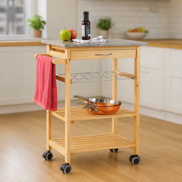Orsina 4 Tier Pinewood Kitchen Trolley with Marble Top in Natural Sand and Grey – 1