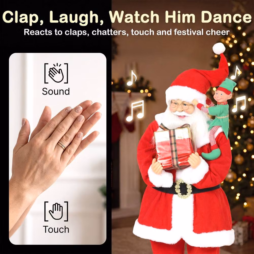 HOMCOM Singing and Dancing Christmas Santa Claus with Elf and Gift Box, Red, Height: 120 cm – 4