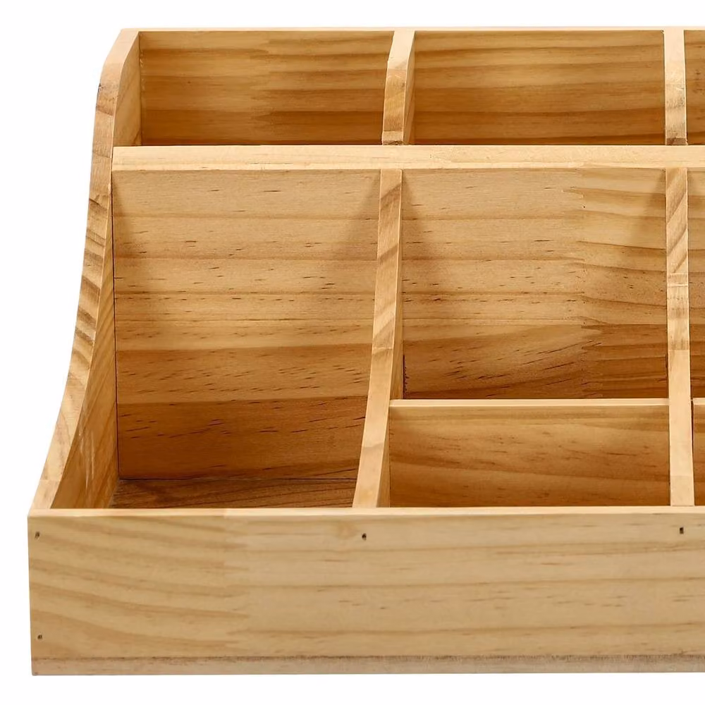 VOGREX Pine Wood 9 Compartment Condiment Storage Holder in Beige, W: 41.28 cm, D: 15.88 cm – 4