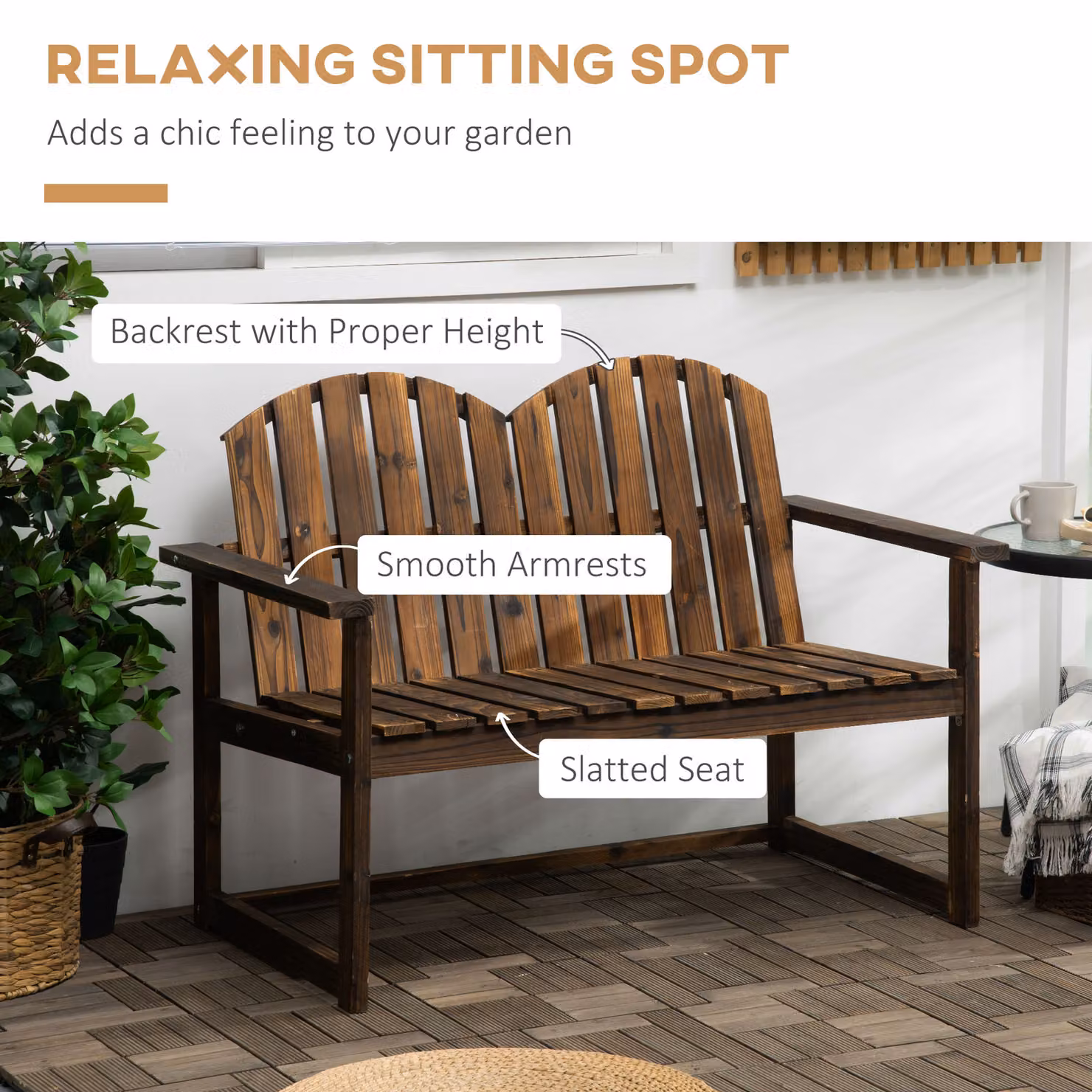 Outsunny Two Seater Wooden Garden Bench in Brown Rustic Finish – 4