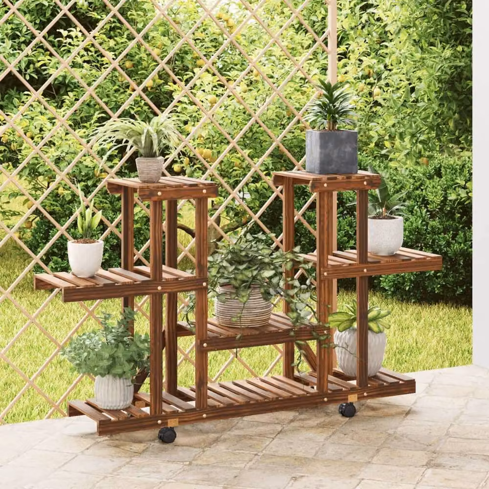 Berkfield Home Retro Flower Stand with Wheels in Brown Solid Wood, W/D/H: 110 x 25 x 78 cm – 2
