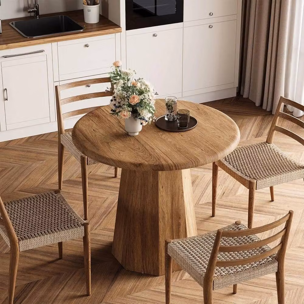 VOGREX Round Rustic Dining Table in Brown, Diameter: 80 cm, Height: 75 cm – 4
