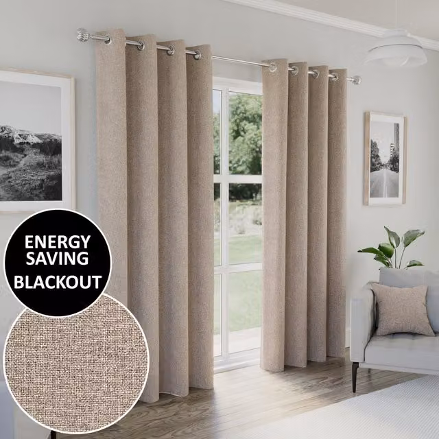 Enhanced Living Plain Blackout Eyelet Curtains, Thermal Insulating, Beige/Brown, Height: 229 cm