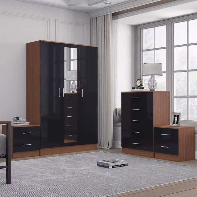 REFLECT Bedroom Furniture Bundle including 3-Door Mirror Wardrobe, Chest of Drawers and 2 Bedside Tables in Black Gloss and Matt Walnut