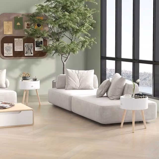 HOMCOM Set of 2 Round White Coffee Tables with Drawer and Wood Legs