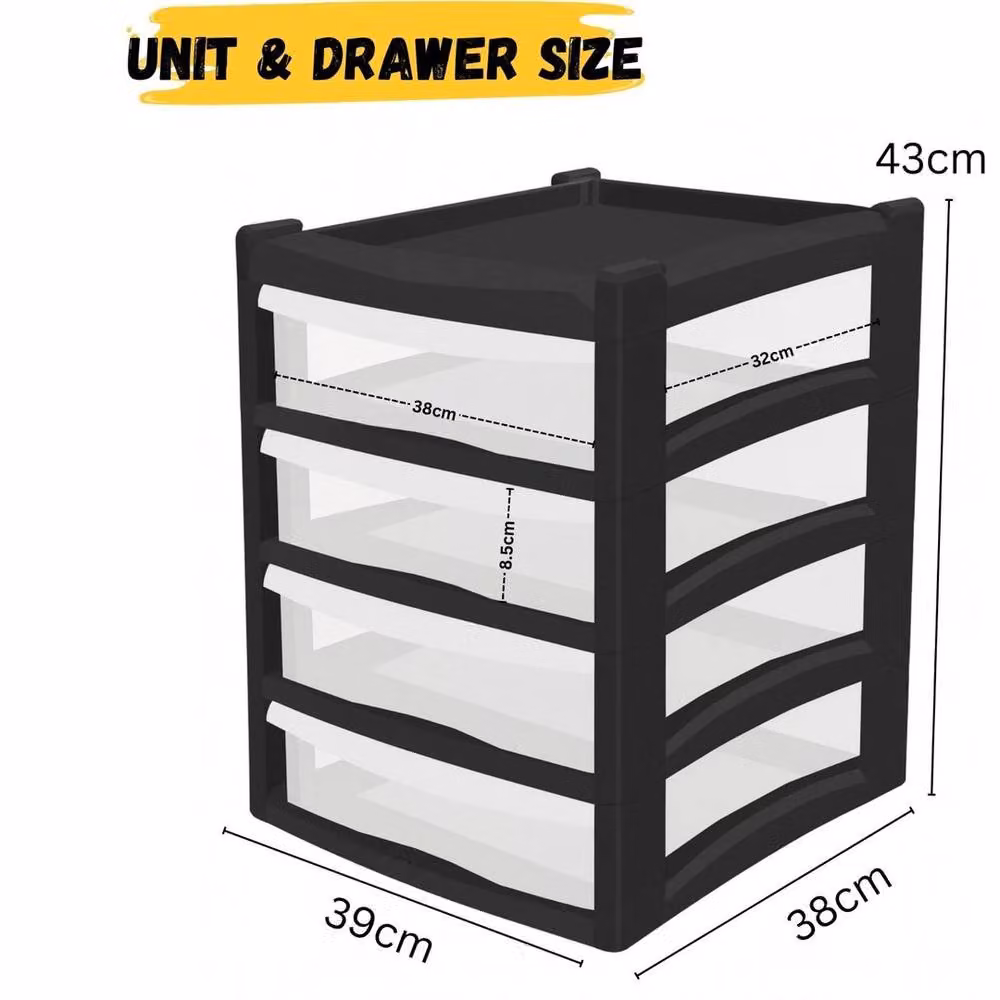 FORGEVIO 4 Tier Shallow Plastic Chest in Black and Transparent, Width: 50 cm – 2