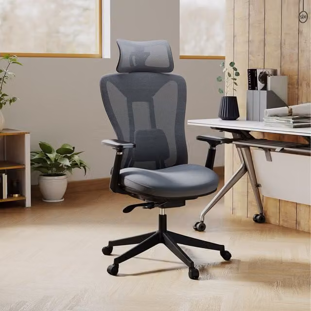 Costway Modern Grey Fabric Executive Mesh Office Chair with Headrest and Armrests