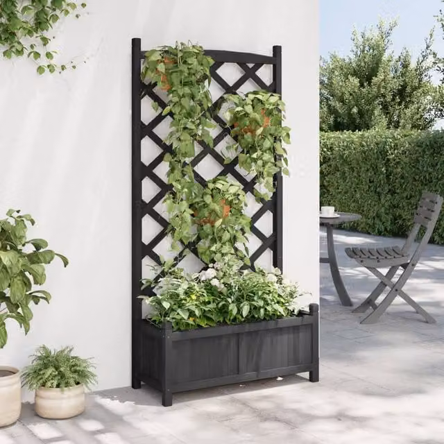 Berkfield Home Black Solid Wood Fir Planter with Trellis, W: 75 cm, D: 35 cm, H: 150 cm – 1