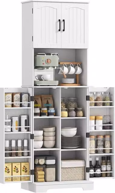 HOMCOM Modern White Tall Storage Cabinet with Hinged Doors and Open Shelves