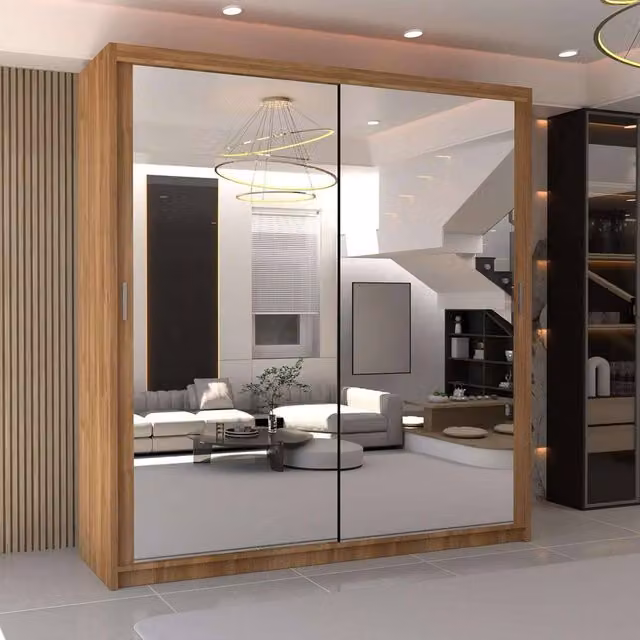 MN Furniture Double Mirror Sliding Door Wardrobe in Brown, W: 180 cm, H: 217 cm
