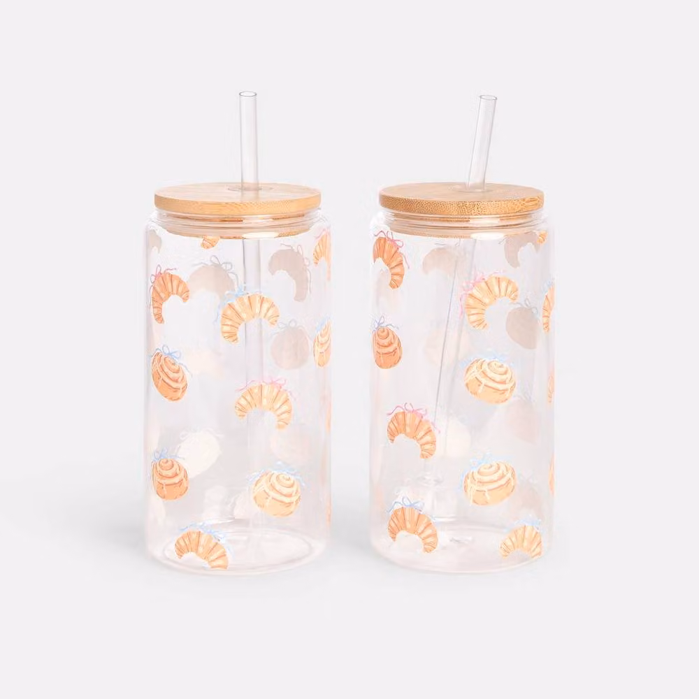 OHS 2 Pack Printed Transparent Plastic Tumbler Drinking Jars with Bamboo Lids, 600ml per jar – 2