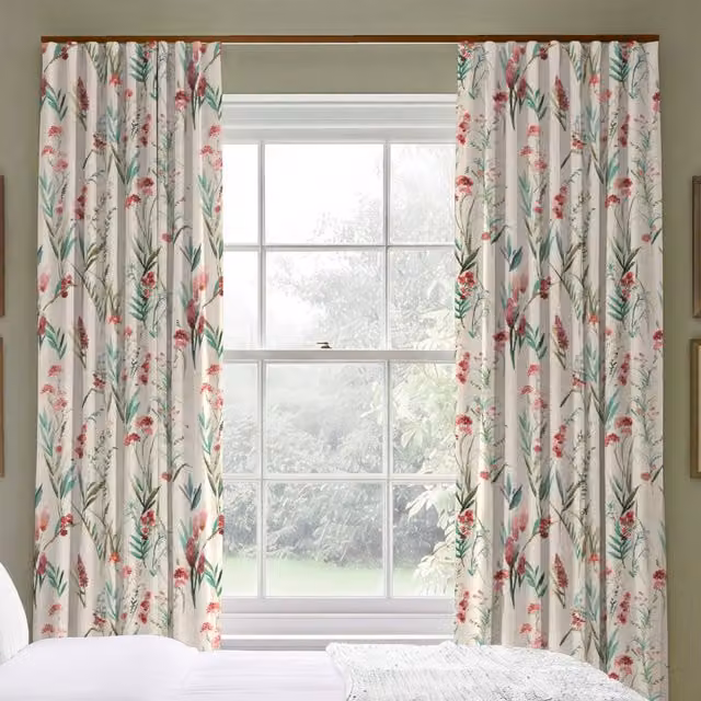 ANTE DECOR Combe Made To Measure Blackout Eyelet Curtains in Dusty Rose Linen and Cotton with Floral Design