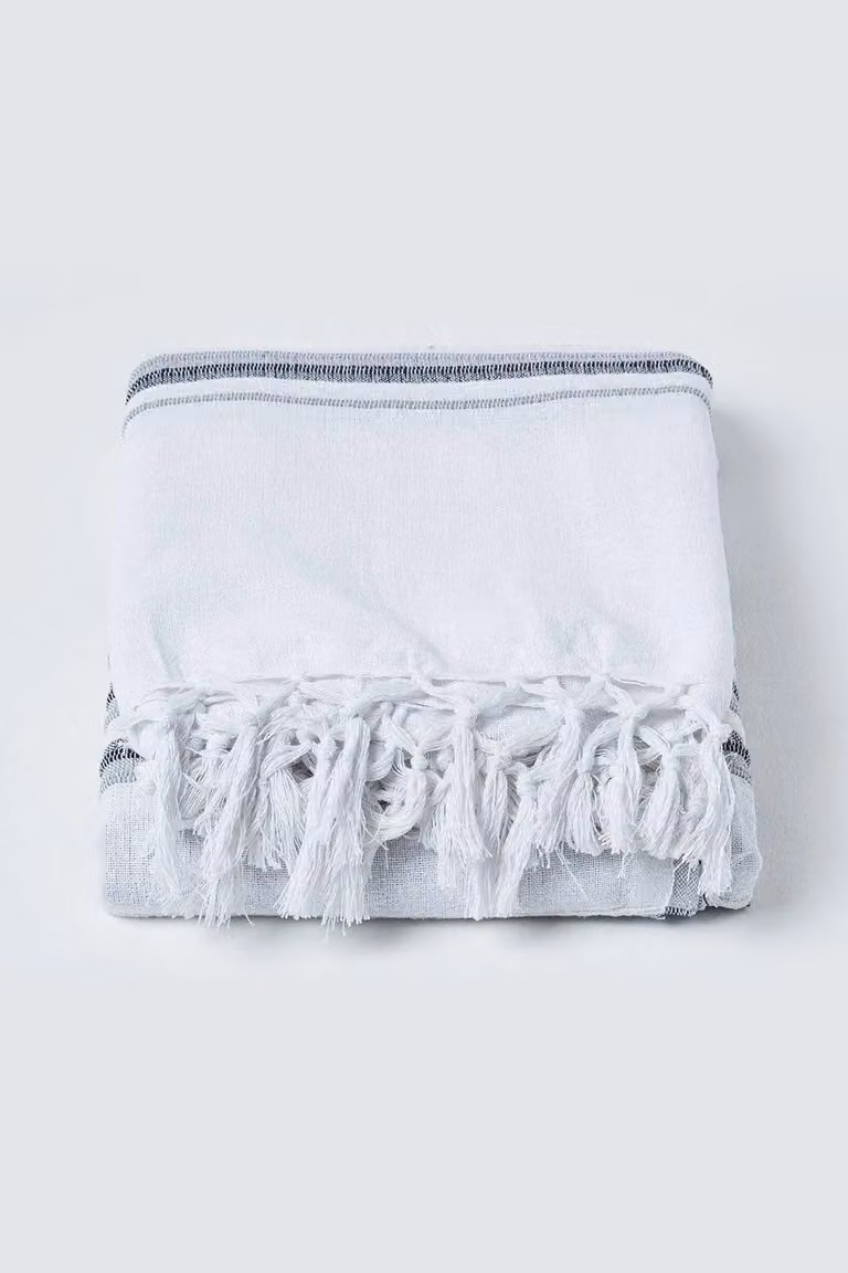 Homescapes Cotton Morocco Striped Woven Throw in Grey, W: 255 cm, D: 360 cm