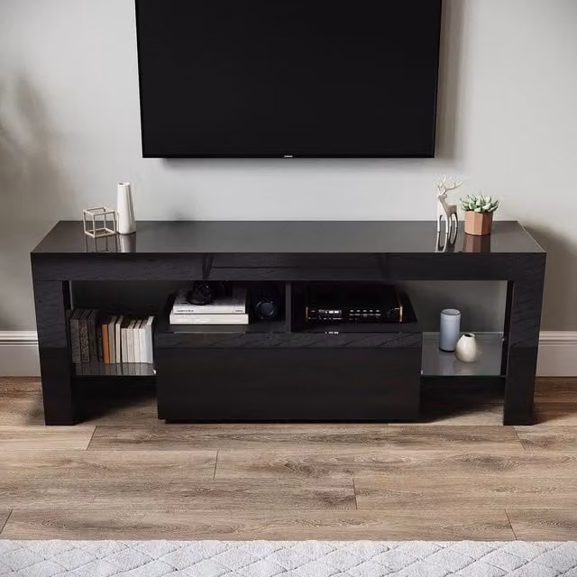 ERGOVEXA Modern Black Glossy LED TV Stand Cabinet with Integrated Lighting, W: 140 cm, H: 52 cm, D: 35 cm