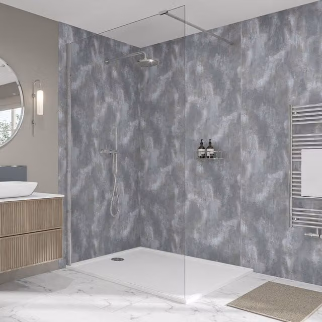 Wetwall Elite Double Post Formed Weathered Concrete Shower Panel in Grey Stone Look