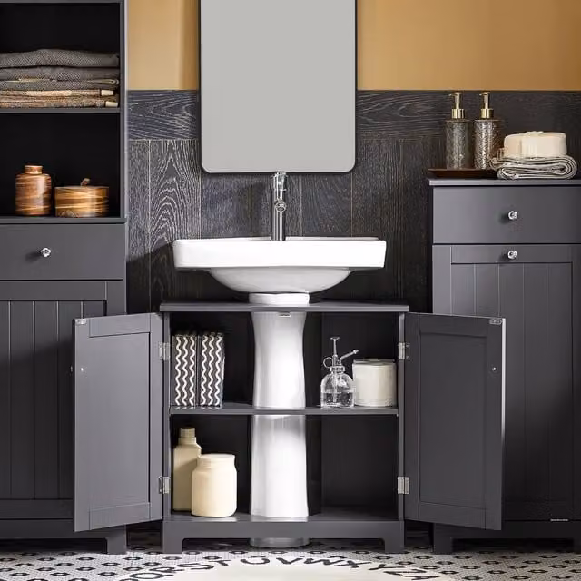 SoBuy Under Sink Bathroom Cabinet with Hinged Doors and Internal Shelves, Dark Grey, H: 60 cm