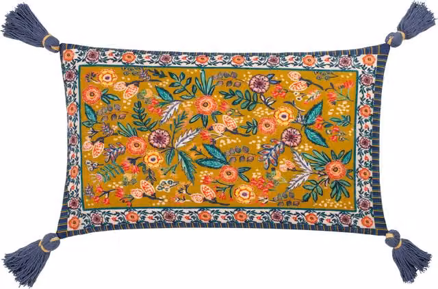 Make it a Home Rectangular Floral Tasselled Cushion in Multicolour and Blue
