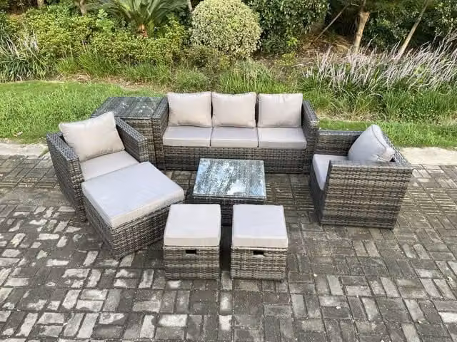 Fimous 8 Seater Rattan Garden Furniture Set in Dark Grey with Sofa, Armchairs and Coffee Table