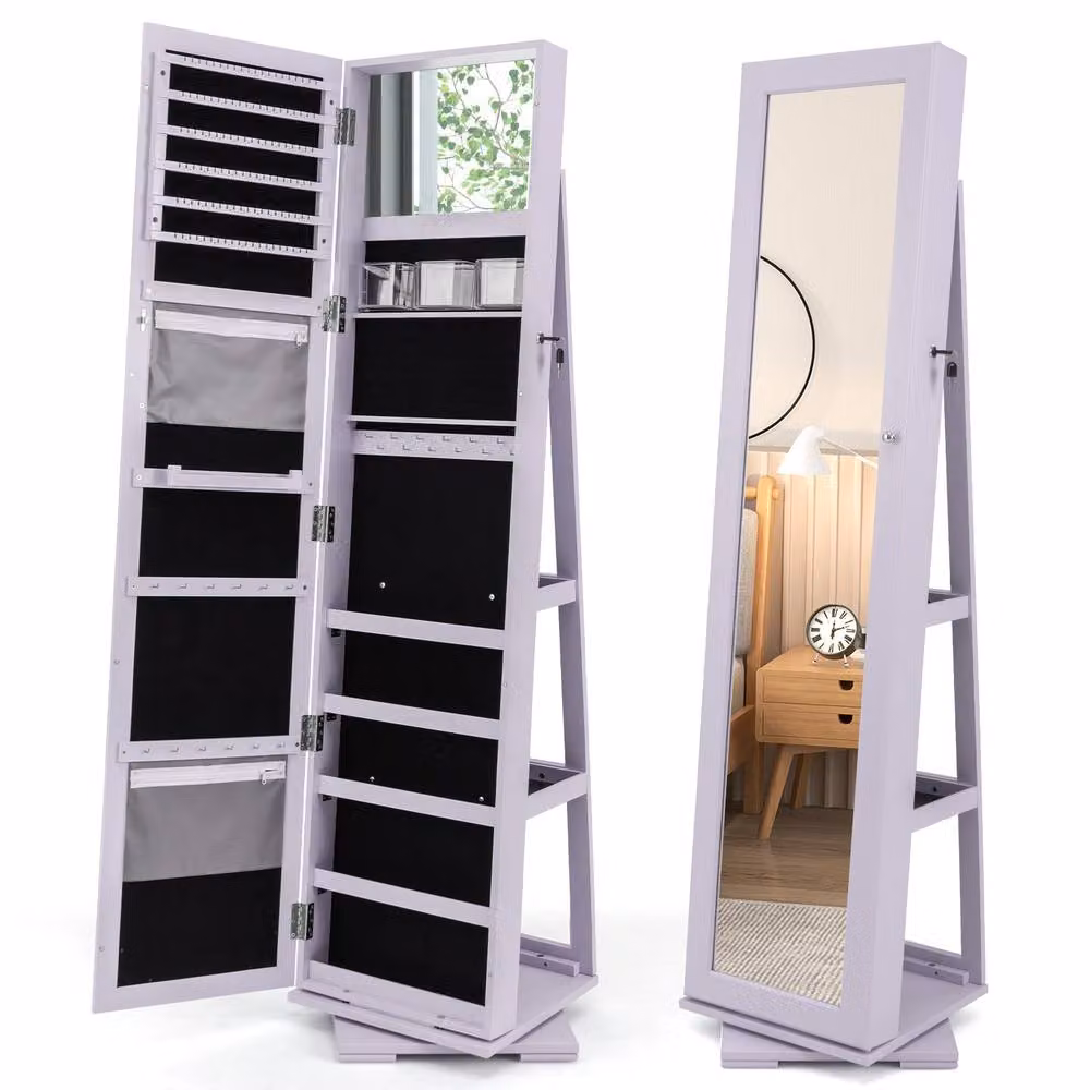 Gymax 3-in-1 Jewellery Mirror Cabinet with 360 Degree Swivel and Lock, Purple – 5