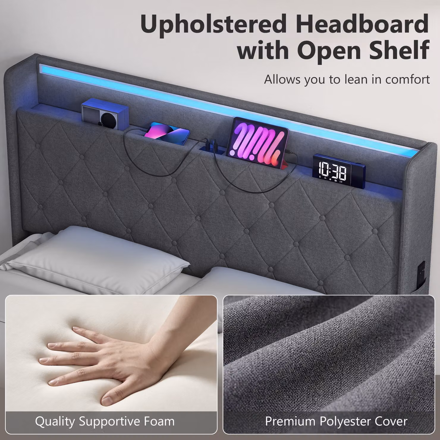 HOMCOM Grey Fabric Double Bed Frame with Headboard, Hydraulic Storage, LED Lights and USB Charging Station, W/D/H: 140 x 200 cm – 6