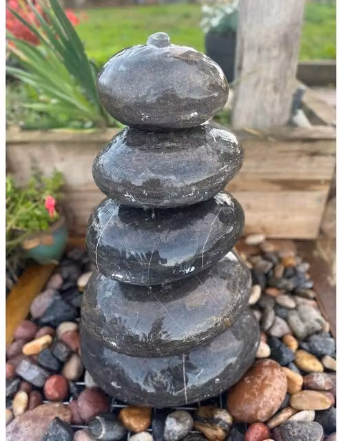 Buttercup Farm Stacked Polished Pebbles Water Feature with Pump and Light in Black – 1