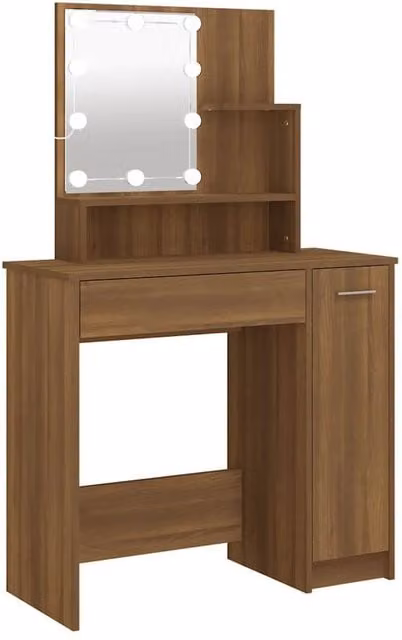 Berkfield Home Modern Hollywood LED Dressing Table in Brown Oak, W/D/H: 86.5 x 35 x 136 cm