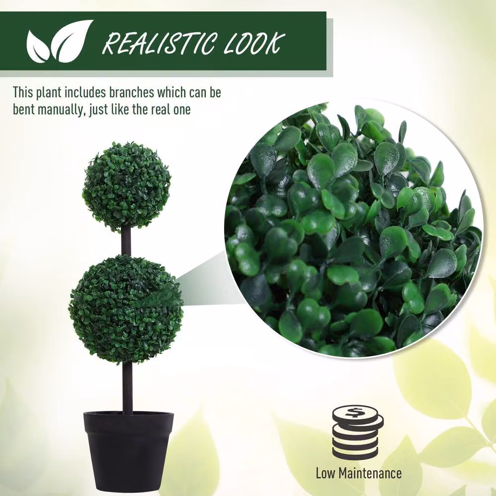 STILVORA Set of 2 Green Artificial Tabletop Topiary Trees in Round Concrete Pots – 7