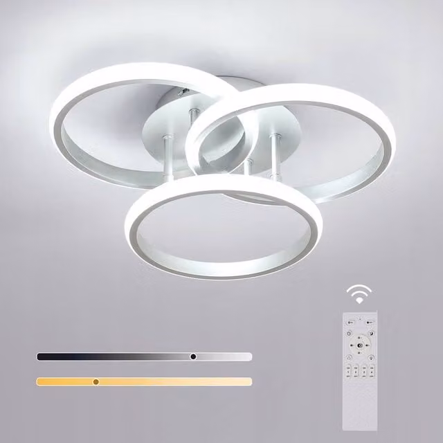 COMELY Dimmable LED Ceiling Light, 42 W Modern 3-Ring Design with Remote Control in Silver