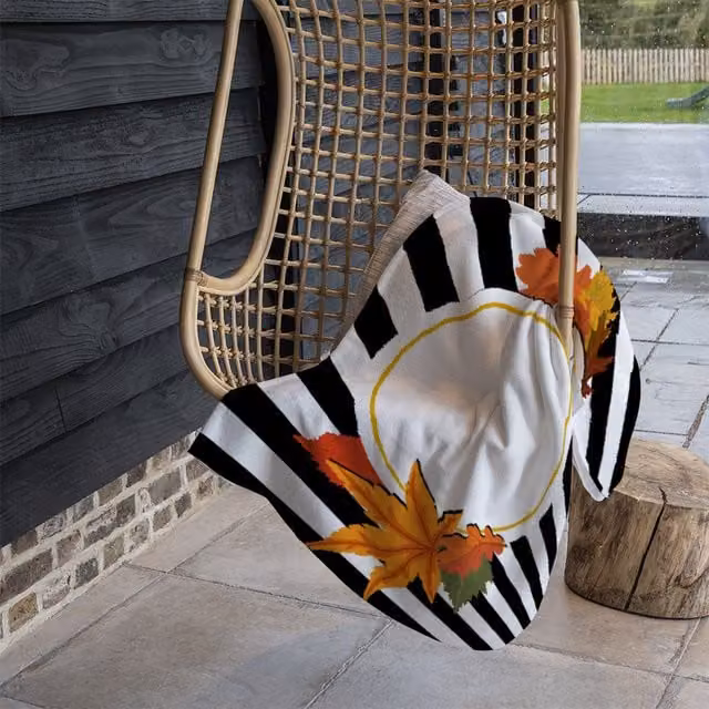 Benjamin Tate Design Black Stripes Autumn Leaves Fleece Blanket in Orange and Black, W/D/H: 120 x 150 cm