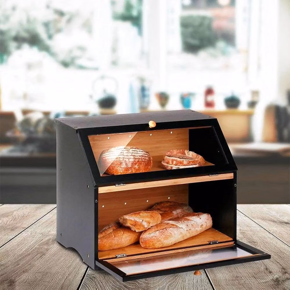 VOGREX 2-Tier Bamboo Bread Bin with Black Cutting Board Lid – 4