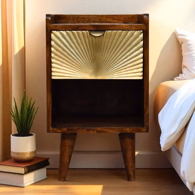 Matteo Solid Mango Wood Bedside Table in Dark Brown Chestnut with Drawers