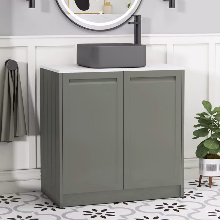 Royal Bathrooms Elmore Matt Green Floor Standing 2 Door Vanity Unit with Plain White Worktop and Art Square Basin, Width: 80 cm