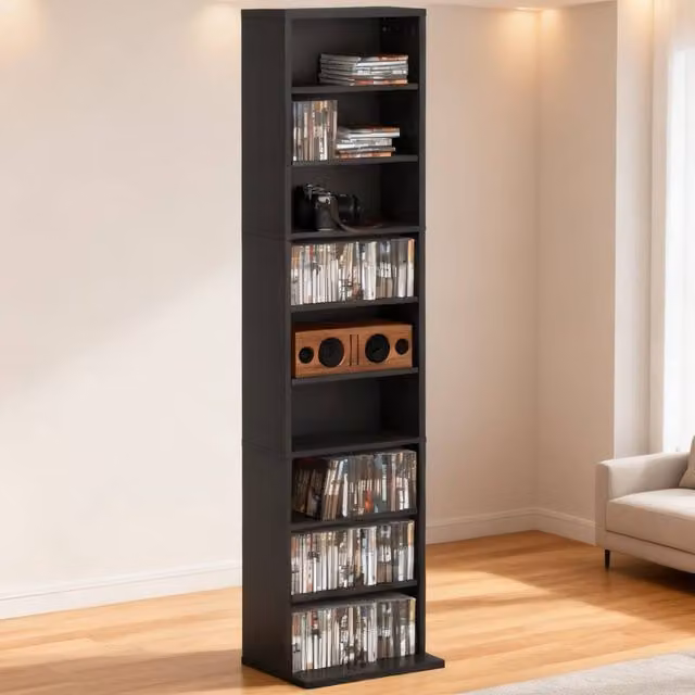 ERGOVEXA Black Narrow CD Storage Unit with Adjustable Shelves and Media Compartments, W/D/H: 24.0 x 15.0 x 140.0 cm