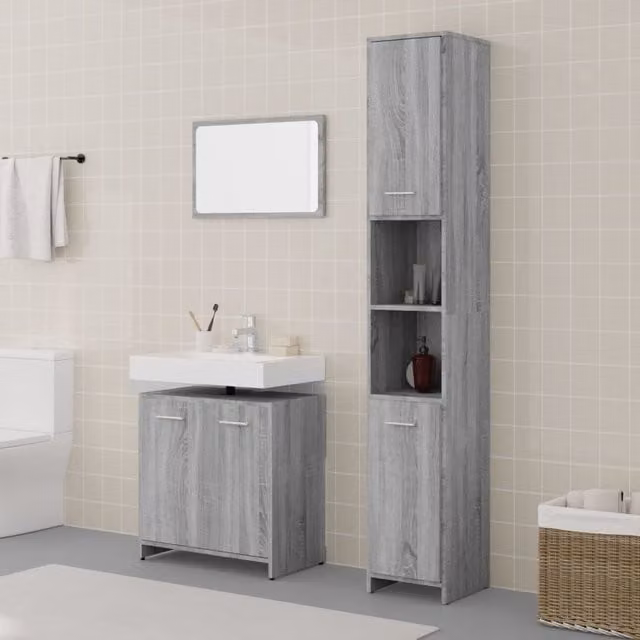 Berkfield Home 3 Piece Modern Grey Bathroom Furniture Set with Mirror Cabinet and Vanity Unit – 1