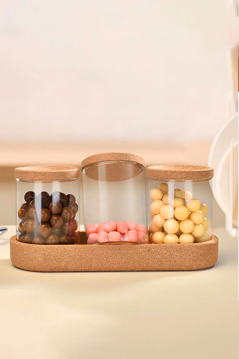 Living and Home 3-Piece Clear Glass Storage Jar and Cork Canister Organiser Set with Tray – 3