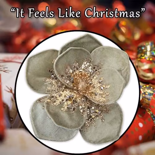 VFM e-Store Green Velvet Floral Christmas Decoration, W/D/H: 11 x 11 x 11 cm – 6