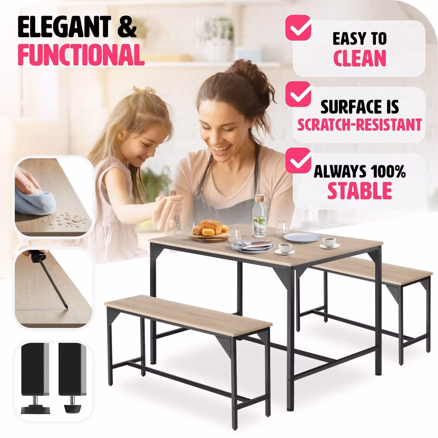 tectake Bolton 3-piece Dining Table Set with 2 Benches in Light Oak – 4
