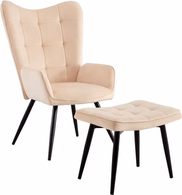 Spot On Dealz Modern Velvet Tub Armchair and Integrated Ottoman in Beige