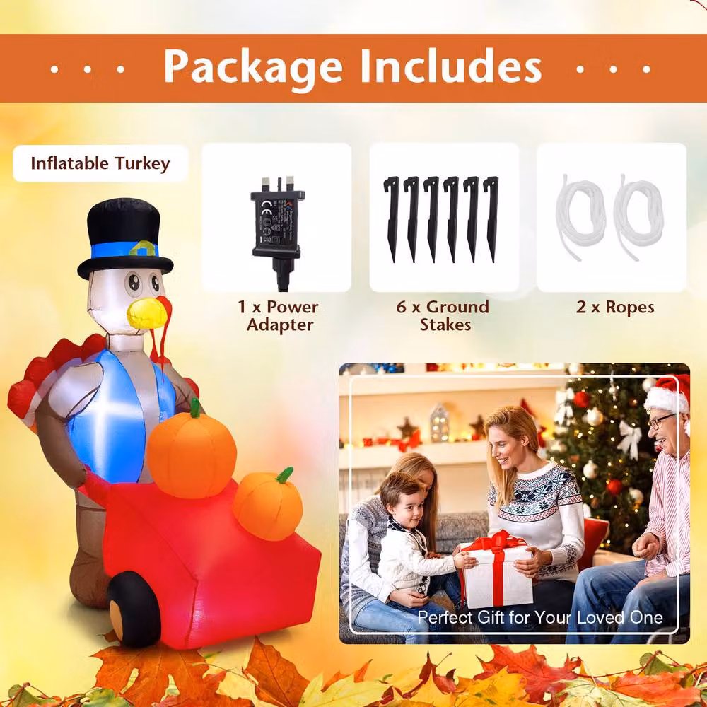 Costway 6ft Multicolour Inflatable Thanksgiving Turkey with Pumpkin Cart and Lights – 7