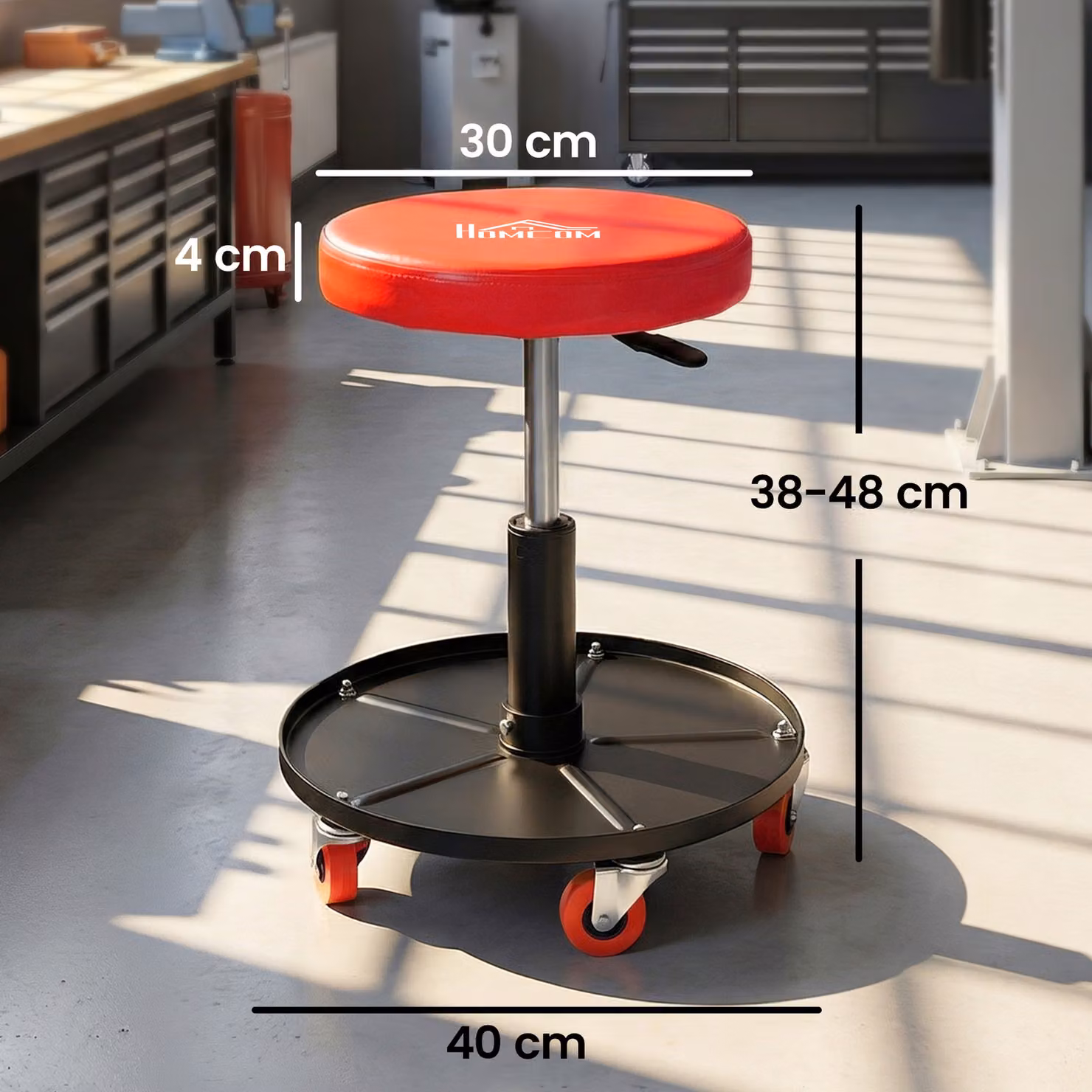 HOMCOM Orange Rolling Mechanical Workshop Stool with Pneumatic Adjustment, Tool Tray and Castors – 3